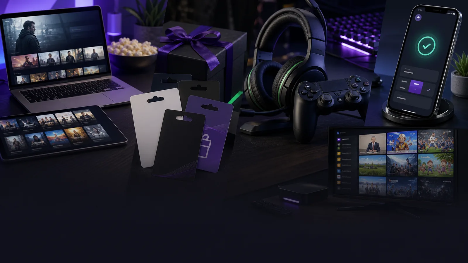 Collage of streaming, gift cards, gaming credits, IPTV, and mobile top-up services